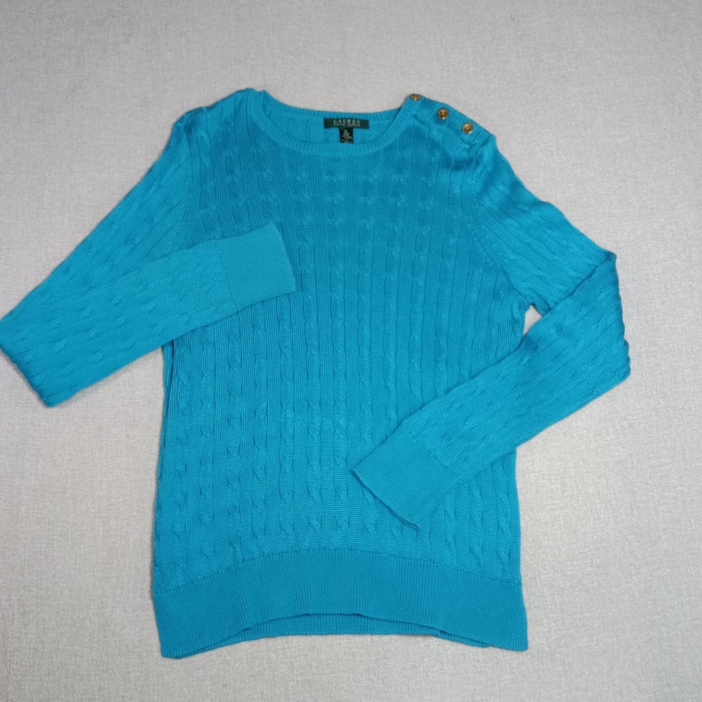 Lauren Ralph Lauren Cable Knit Button Shoulder Sweater Womens XL Preppy Blue